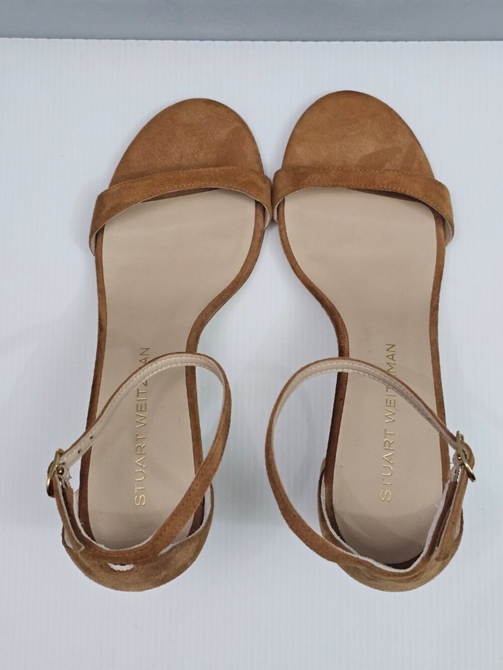 Stuart Weitzman Nudist Block 75 Sandal Womens 9.5 Caramel Brown Suede Block Heel - Picture 9 of 14